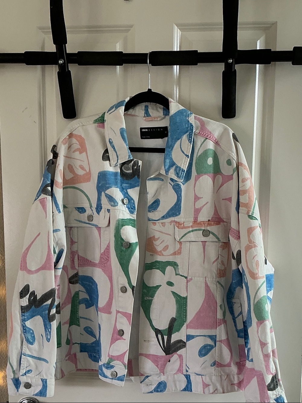 ASOS White Denim Jacket with Pink, Blue & Green Floral Blocks